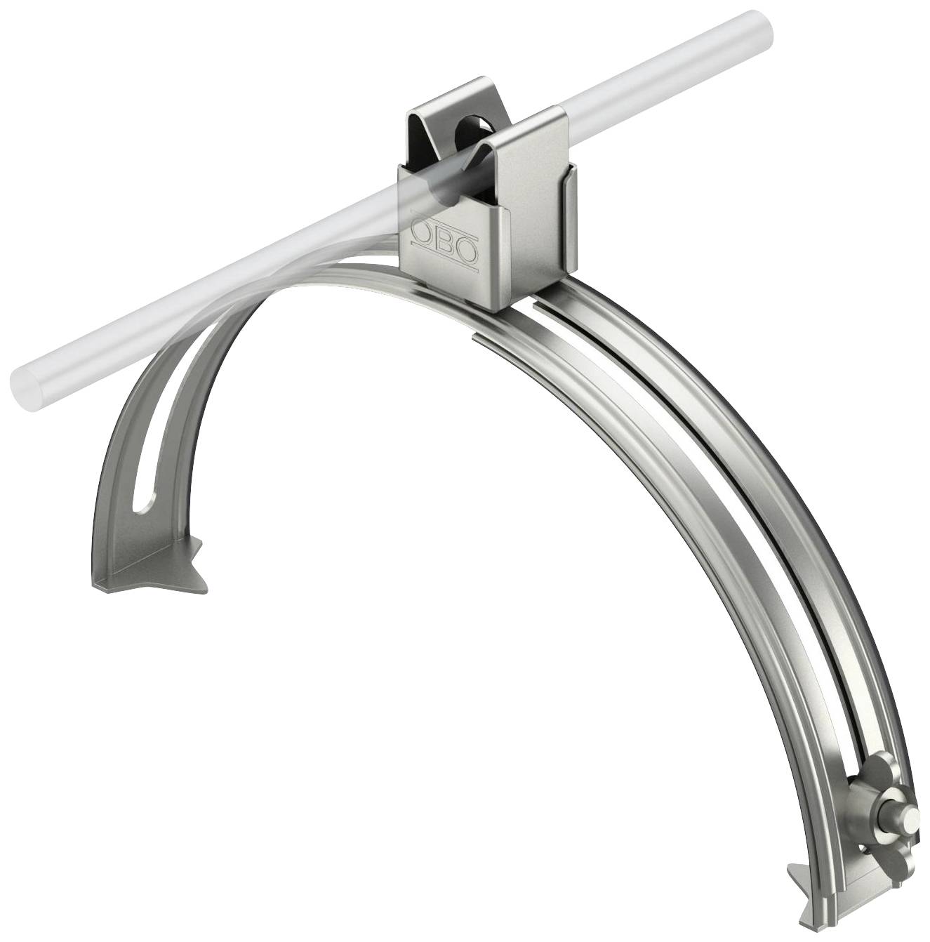 Een zilveren kabelgootbuis wordt vastgehouden door een gebogen drager. De drager heeft bovenaan een draaibaar metalen slot.