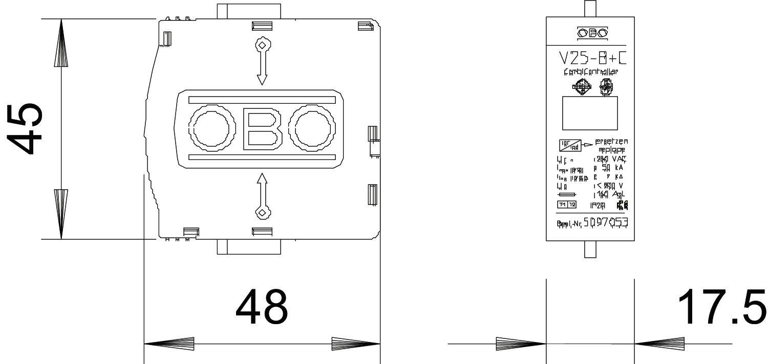 Technische tekening van een overspanningsbeveiligingsapparaat, model V25-B+C, met afmetingen: 45 mm hoogte, 48 mm breedte, 17,5 mm diepte.