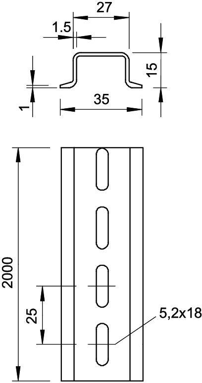Technische tekening van een metaalprofiel met afmetingen: breedte 27 mm, hoogte 15 mm, lengte 2000 mm. Gaten met diameter 5,2 mm.