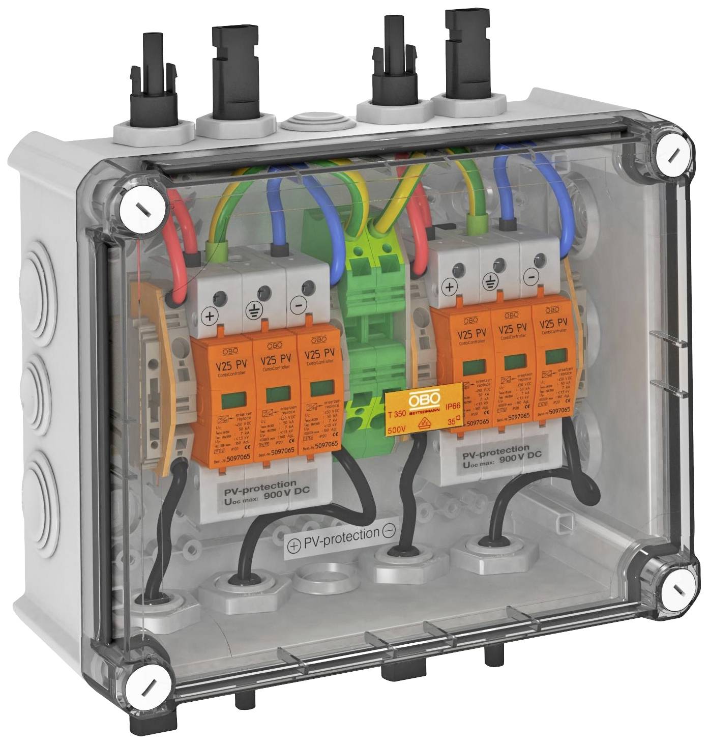 Kasten met elektrische beveiligingsschakelaars en bekabeling, gemarkeerd als 'PV-bescherming', ter beveiliging van zonne-installaties.