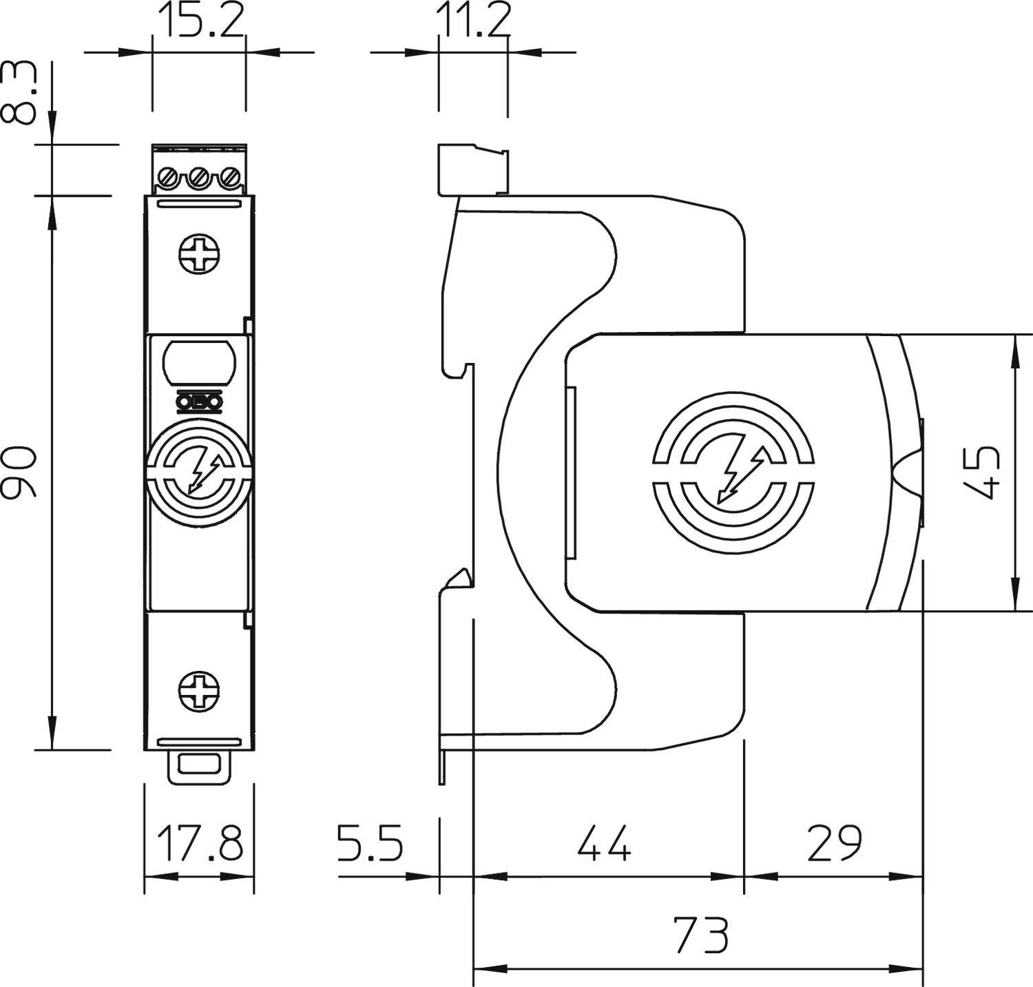 Technische tekening van een elektrisch apparaat met afmetingen in millimeters. Toont voor- en zijaanzicht met gedetailleerde maten.