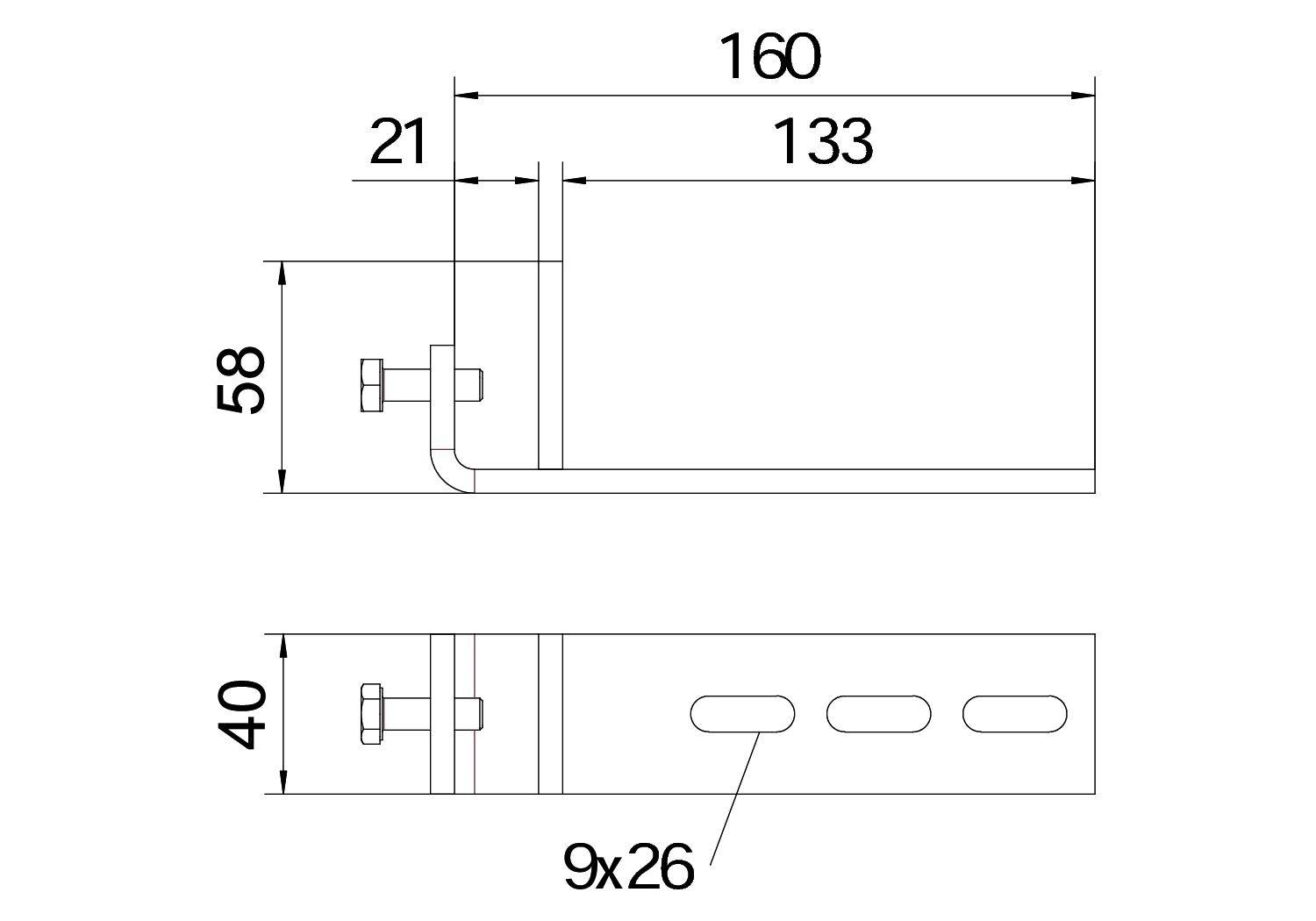 Technische tekening van een metalen beugel met afmetingen: Lengte 160 mm, Hoogte 58 mm, Breedte 40 mm, Schroefgaten 9x26 mm.