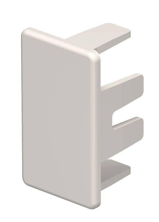 Een rechthoekige, beige kunststof afdekking met twee bevestigingseenheden, vermoedelijk bedoeld voor het afdekken van gaten in meubels of muren.