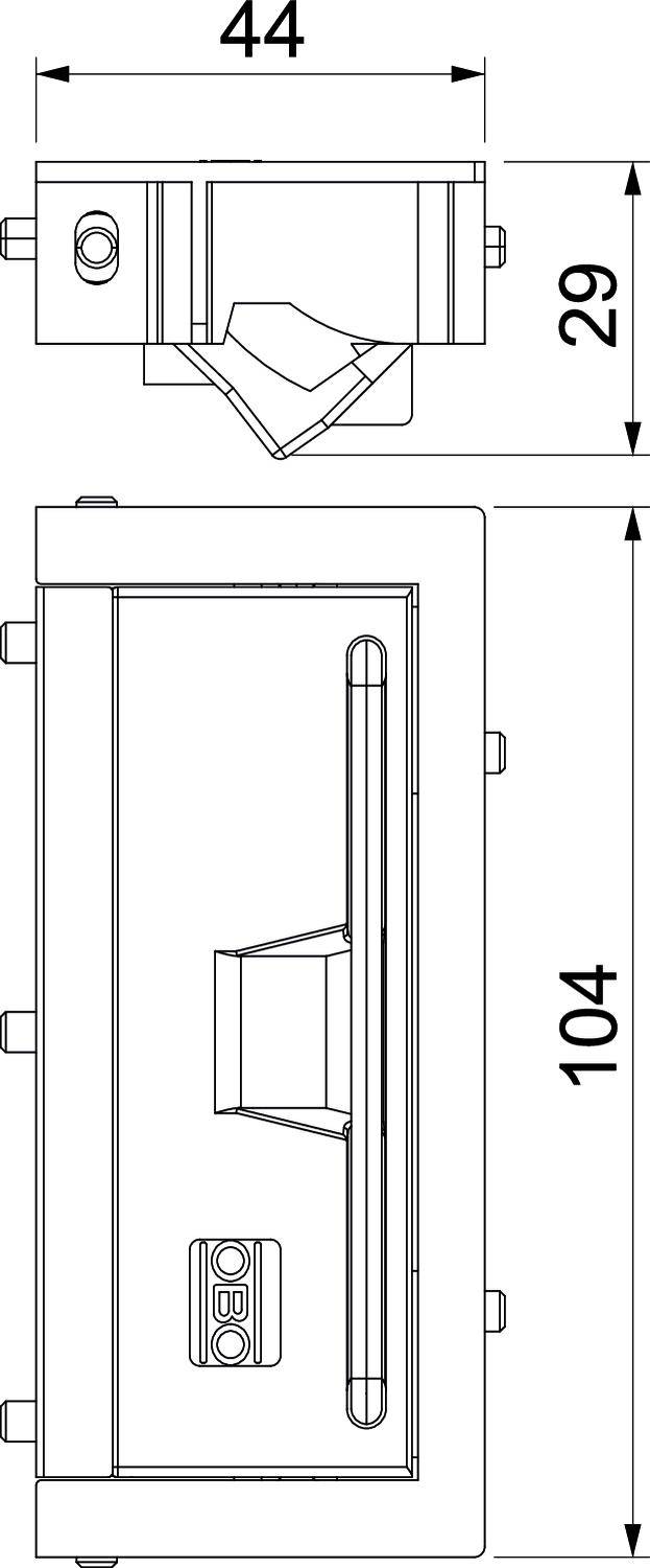 Technische tekening van een rechthoekige behuizing met afmetingen van 104x44x29 mm, toont openingen en bevestigingsbeugels aan de zijkanten.