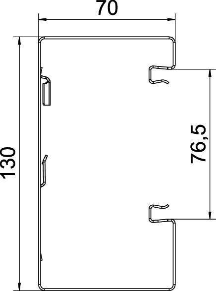 Zijaanzicht van een technische tekening met afmetingen: hoogte 130, breedte 70, en verdere binnenafmeting 76,5.
