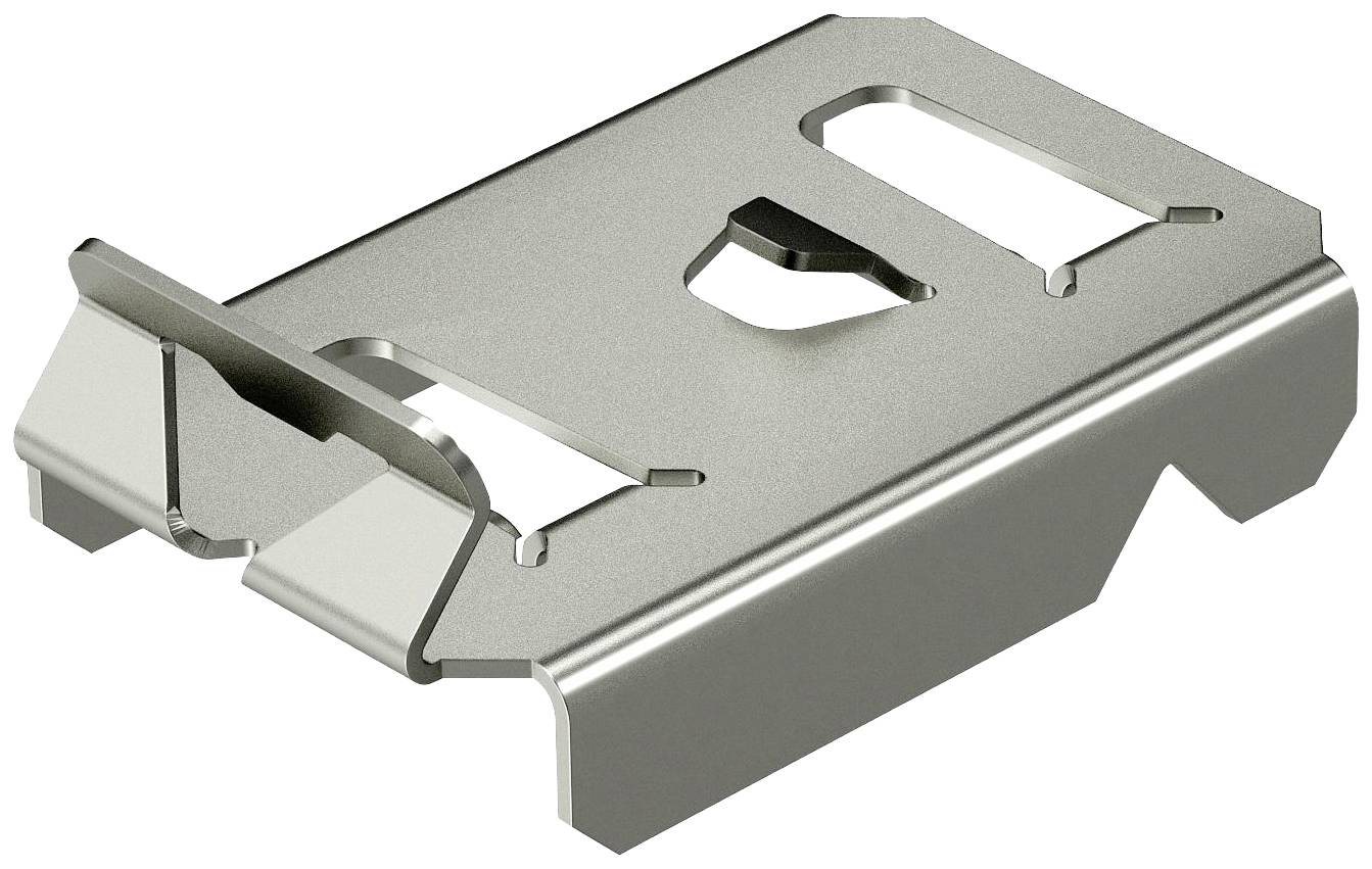 Metalen klem, rechthoekige vorm met meerdere uitsparingen, vermoedelijk bedoeld voor bevestiging of montage in een technische of mechanische context.