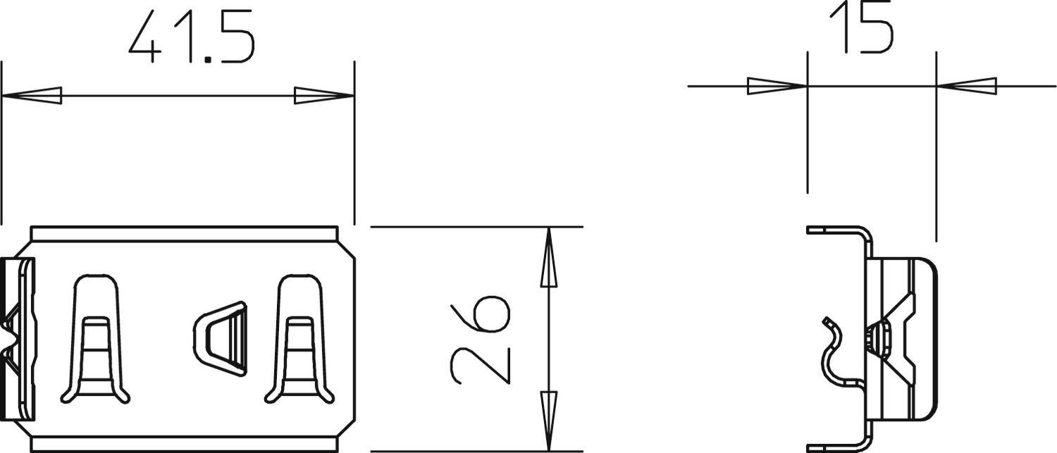 Technische tekening van een onderdeel met afmetingen: breedte 41,5 mm, diepte 26 mm, hoogte 15 mm. Toont zij- en vooraanzicht.