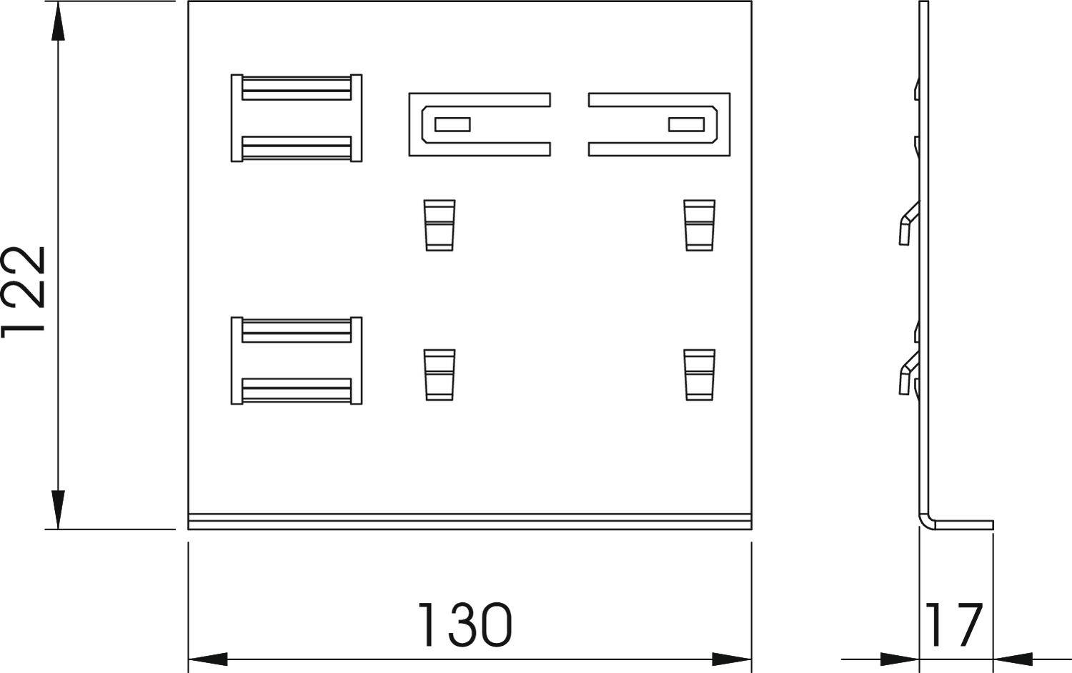 Technische tekening van een rechthoekig onderdeel met afmetingen 122x130x17 mm. Verschillende bevestigingspunten zijn gemarkeerd.