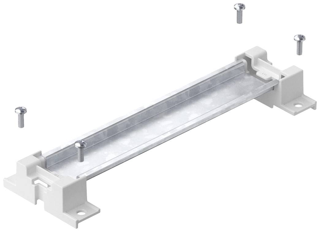Metalen DIN-rail met grijze bevestigingsbeugels aan beide uiteinden, links en rechts. Vier schroeven in de buurt voor de montage.