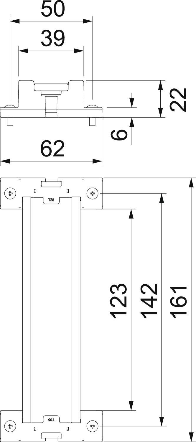 Technische tekening van een bevestigingsprofiel met specifieke afmetingen: breedte 62 mm, hoogte 22 mm en gedetailleerde lengte-indicaties.