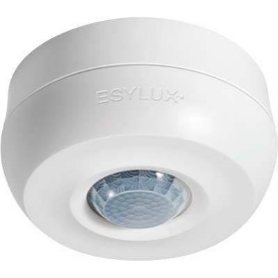 Een witte sensor van ESYLUX voor plafondmontage, geschikt voor het detecteren van bewegingen in binnenruimtes.