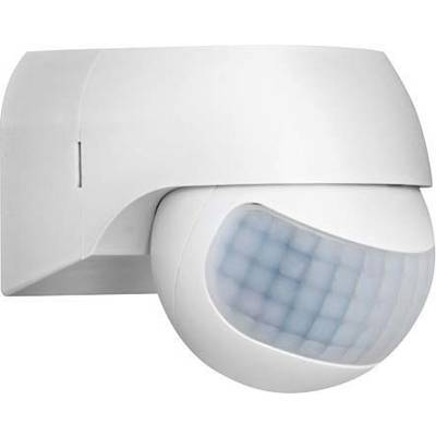 Een witte bewegingsmelder met een afgerond design gemonteerd aan een muur. Het sensorgebied is in het blauw weergegeven.