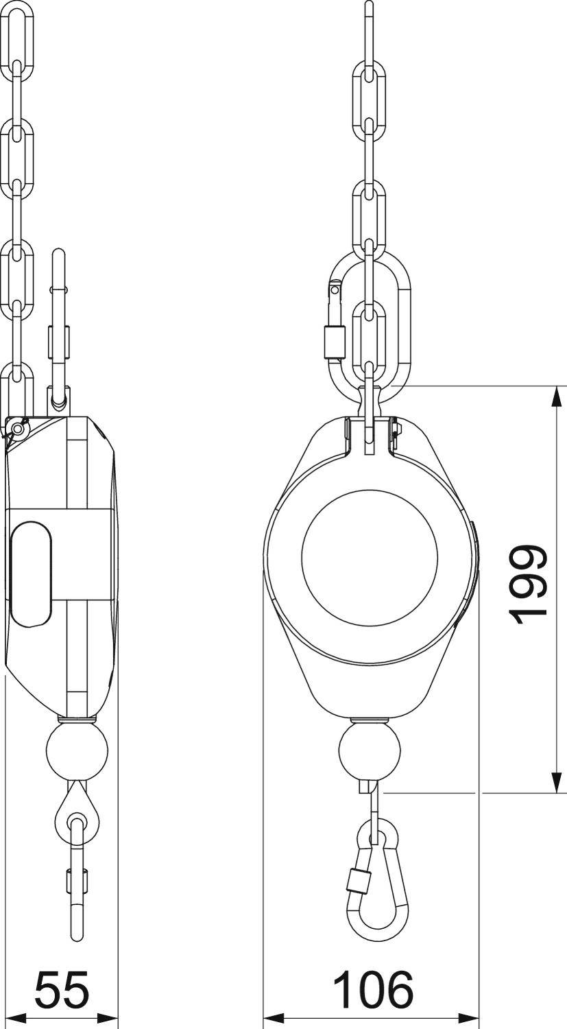Technische tekening van een kettingtakel met zijaanzicht en vooraanzicht, toont afmetingen: hoogte 199 mm, breedte 106 mm, diepte 55 mm.