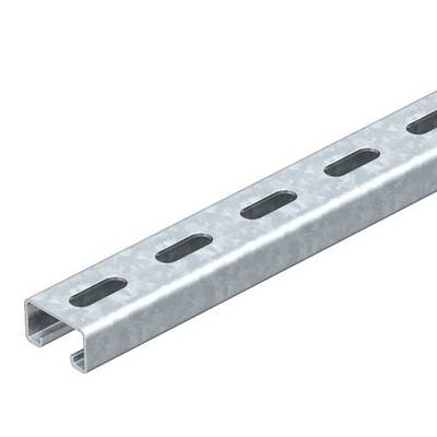 Metalen rails met U-profiel en gelijkmatig verdeelde langwerpige gaten, geschikt voor montage- en bevestigingsdoeleinden.