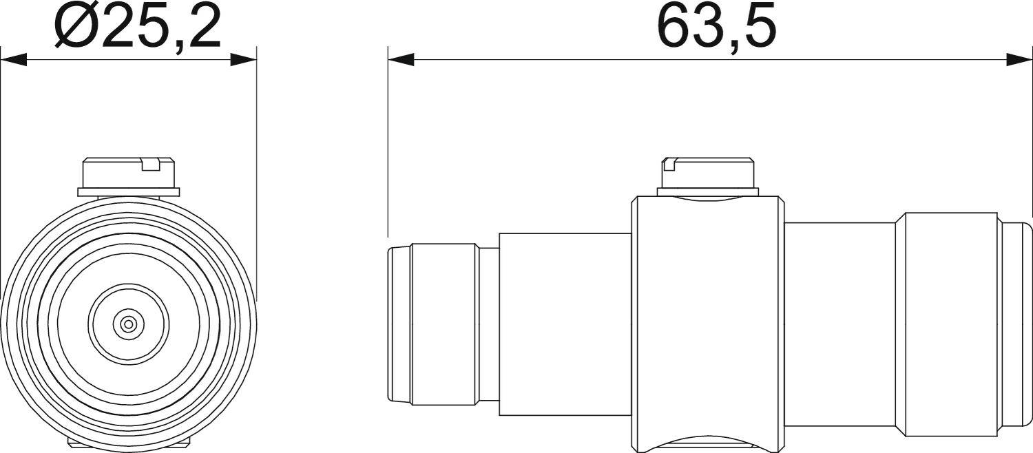 Technische tekening van een cilindrisch onderdeel met diameter 25,2 mm en lengte 63,5 mm, zij- en vooraanzicht.