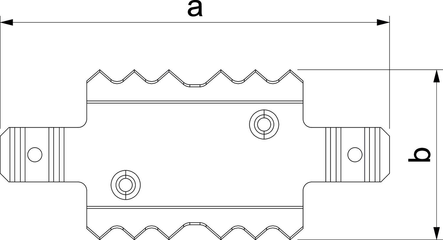 Technische tekening van een mechanische component met de gemarkeerde afmetingen 'a' en 'b'. De component heeft getande randen en bevestigingspunten.