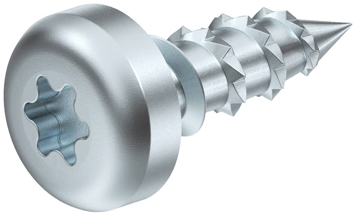 Een zilveren metalen schroef met Torx-kop en grove schroefdraad, geschikt voor hout- of metaalverbindingen.