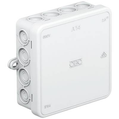 Een witte elektrische verdeeldoos met zijdelingse kabelopeningen, opschrift 'OBO A14 650V', voor interne kabelaansluitingen.