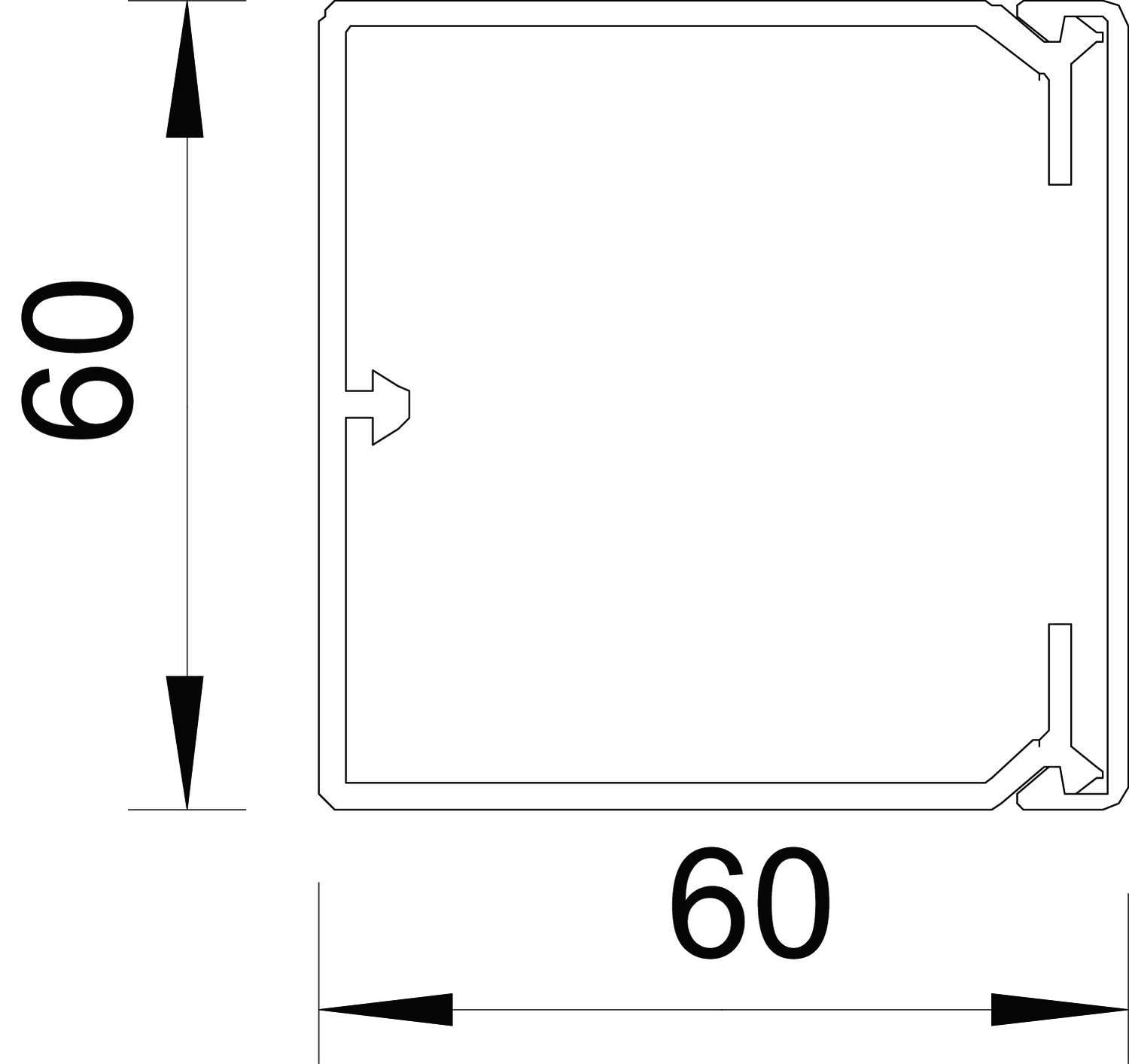 Technische tekening van een vierkant profiel met afmetingen van 60 mm x 60 mm.