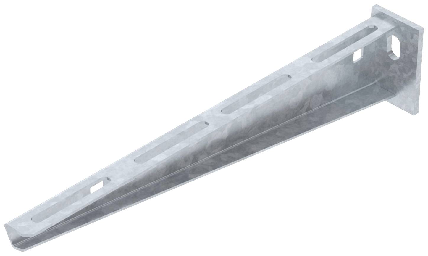 Metalen console in driehoeksvorm met meerdere langwerpige gaten voor bevestiging aan een muur; geschikt voor planken of ondersteunende constructies.