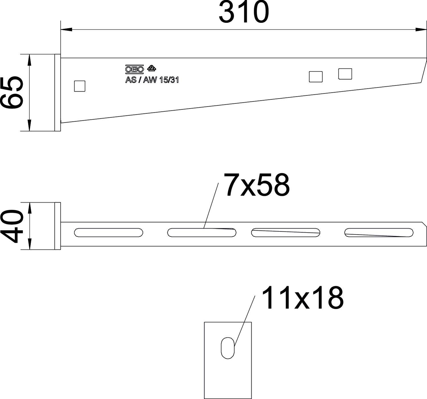 Technische tekening van een metalen hoek: Bovenaan een gehoekte zijaanzicht met afmetingen van 310 mm lengte en 65 mm hoogte. Onderaan een vooraanzicht met drie ovale gaten, 7x58 mm en 11x18 mm.