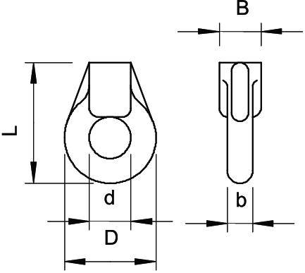 Technische tekening van een metalen onderdeel met maatvoering: L, B, D en d. Toont zij- en vooraanzicht voor nauwkeurige maatbepaling.