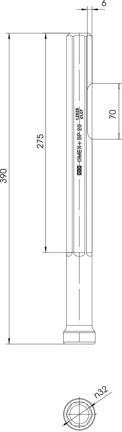 Technische tekening van een cilindrisch object met afmetingen: hoogte 390 mm, breedte 32 mm. Zijdelingse steun van 70 mm.