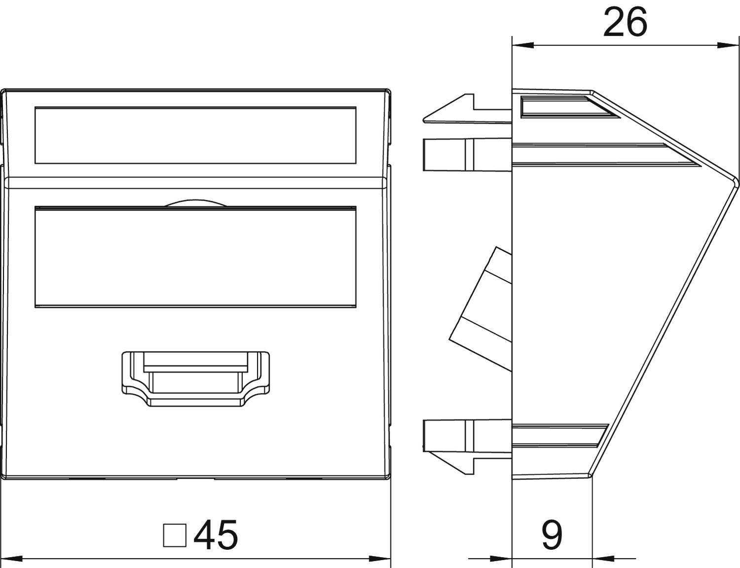 Technische tekening van een connector. Vooraanzicht en zijaanzicht met afmetingen: 45 mm breedte, 26 mm hoogte, 9 mm diepte.