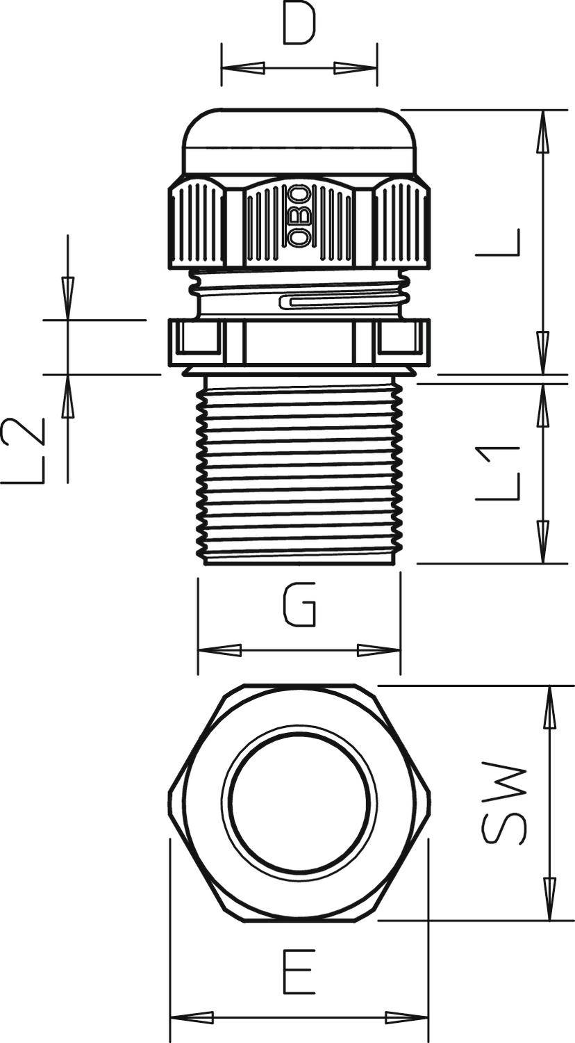 Technische tekening van een kabelwartel met maatvoering voor lengten, diameters en sleutelwijdten.