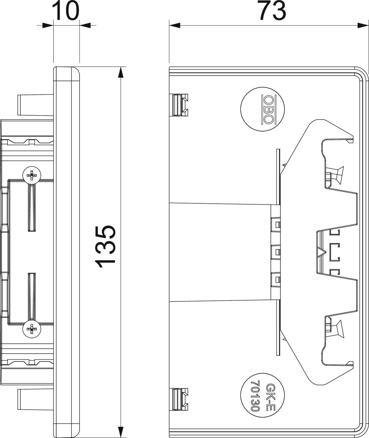 Zijaanzicht technische tekening van een schakelaar met afmetingen: breedte 73 mm, hoogte 135 mm, diepte 10 mm. Gemarkeerd met GKE 70130.