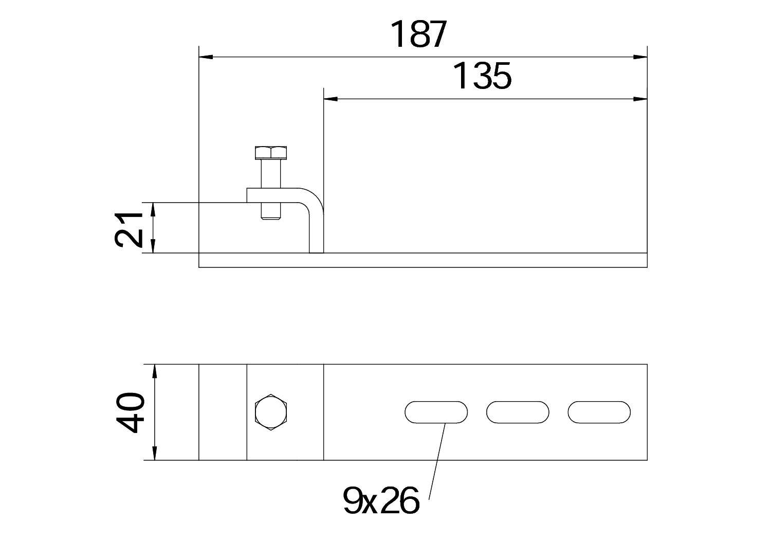 Technische tekening van een metalen beugel met afmetingen: Lengte 187 mm, Breedte 40 mm, Hoogte 21 mm. Schroefgaten: 9x26 mm.