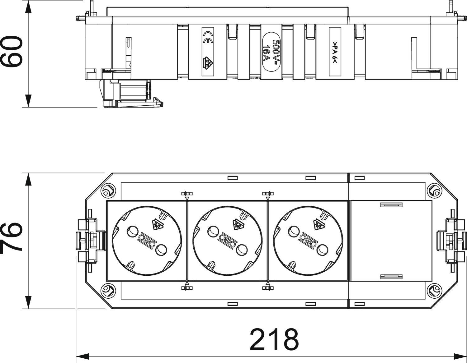 Technische tekening van een drievoudige stekkerdoos met afmetingen; 60 mm hoogte, 76 mm breedte en 218 mm lengte. Bovenaanzicht toont de indeling van de stopcontacten.