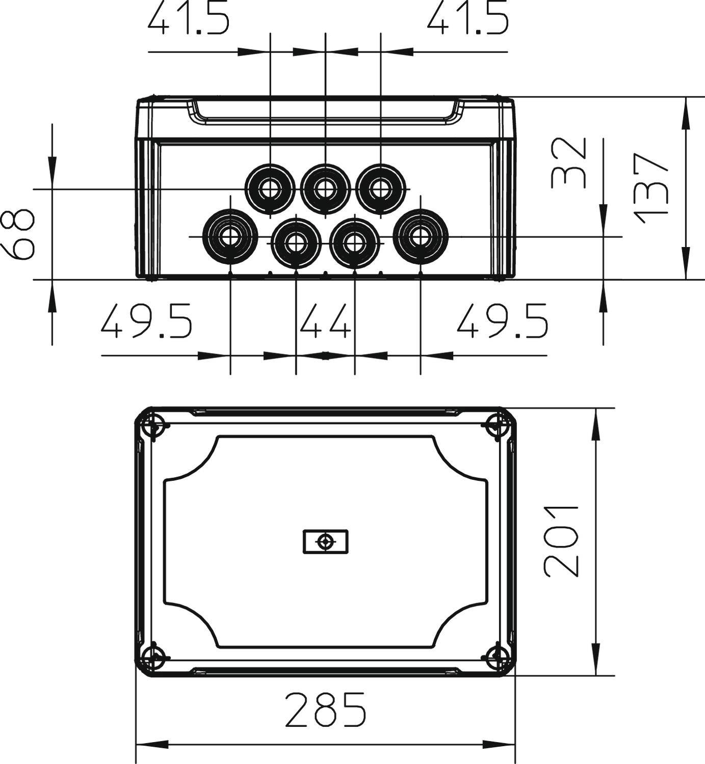 Technische tekening van een rechthoekige behuizing met maatvoering in millimeters. Bovenaan meerdere ronde openingen; zijaanzicht toont hoogte en breedte.