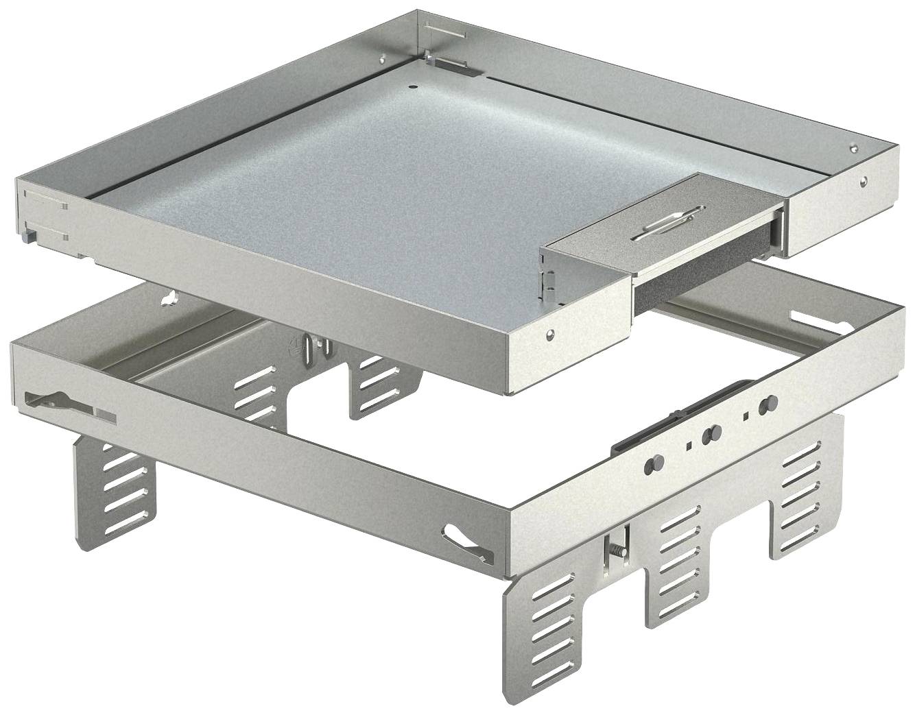 Een metalen frame met meerdere niveaus en bevestigingspunten, waarschijnlijk bedoeld voor het monteren van apparatuur in een serverrek.