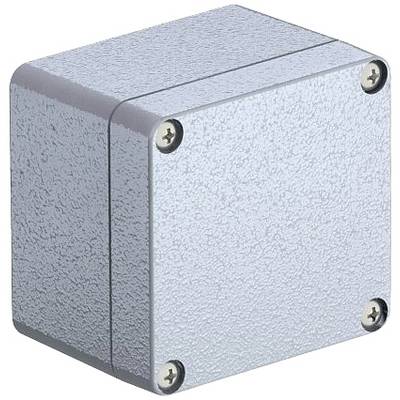 Grijs vierkant metalen behuizing met afgeronde hoeken en vier schroeven op de hoeken, geschikt voor elektrische installaties.
