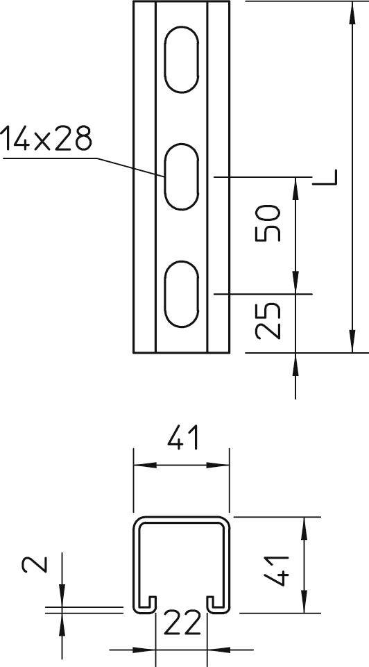 Technische tekening van een metalen profiel met afmetingen: 14x28 gaten, 50 mm tussenruimte, rechthoekige doorsnede 41x22x41 mm.
