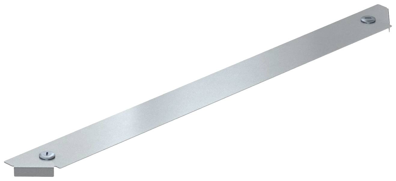 Metalen strip met twee bouten bevestigd aan de uiteinden, plat liggend op een witte achtergrond.