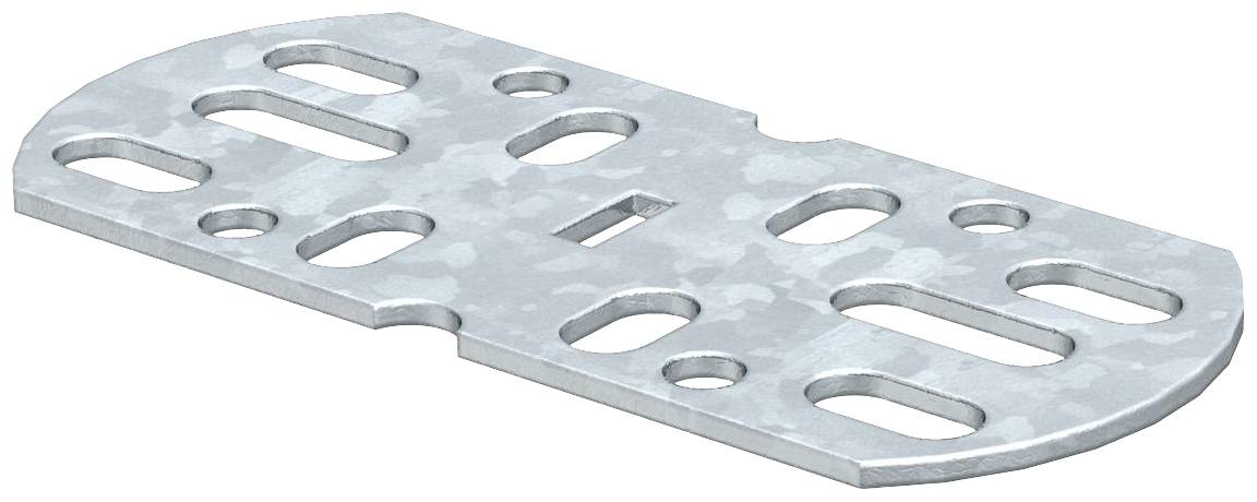 Metalen verbindingsplaat met meerdere ovale en ronde gaten, rechthoekige vorm, grijs verzinkt. Geschikt voor structurele bevestigingen.