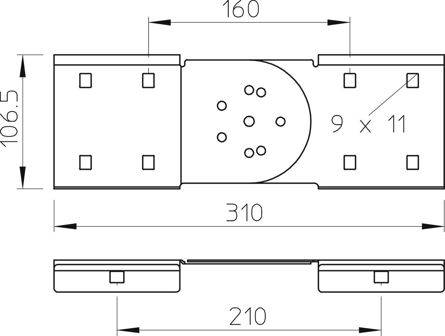 Technische tekening van een metalen hoek met afmetingen: 160 mm breedte, 106,5 mm hoogte, 310 mm totale lengte. Gatpatroon met '9 x 11'.