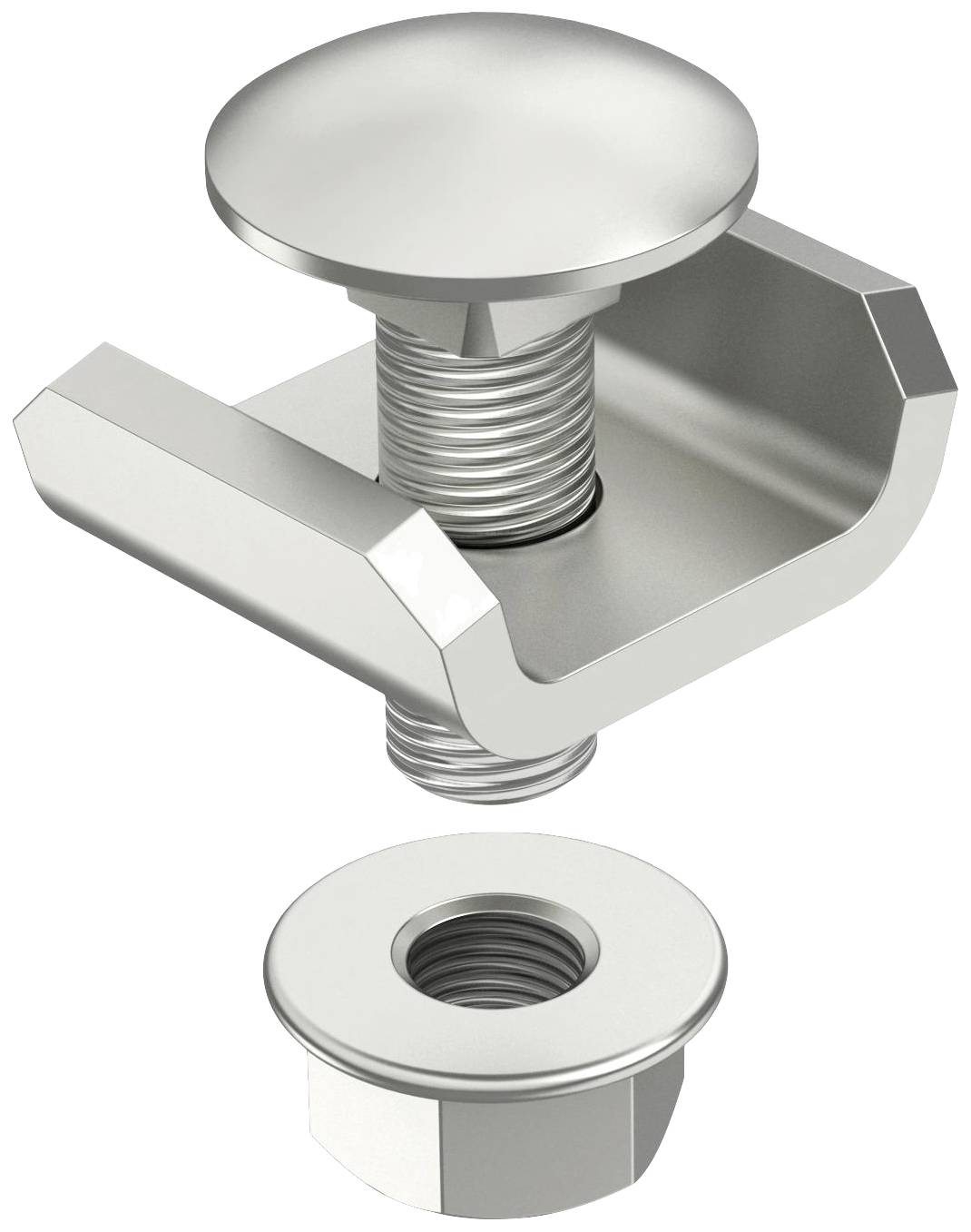 Een metalen schroef met een U-vormige beugel en bijpassende moer, geschikt voor het bevestigen of vergrendelen van onderdelen.