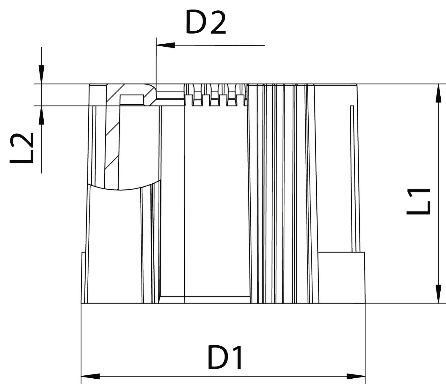 Technische tekening van een onderdeel met afmetingen D1, D2, L1 en L2. Toont doorsnede en structuurdetails.