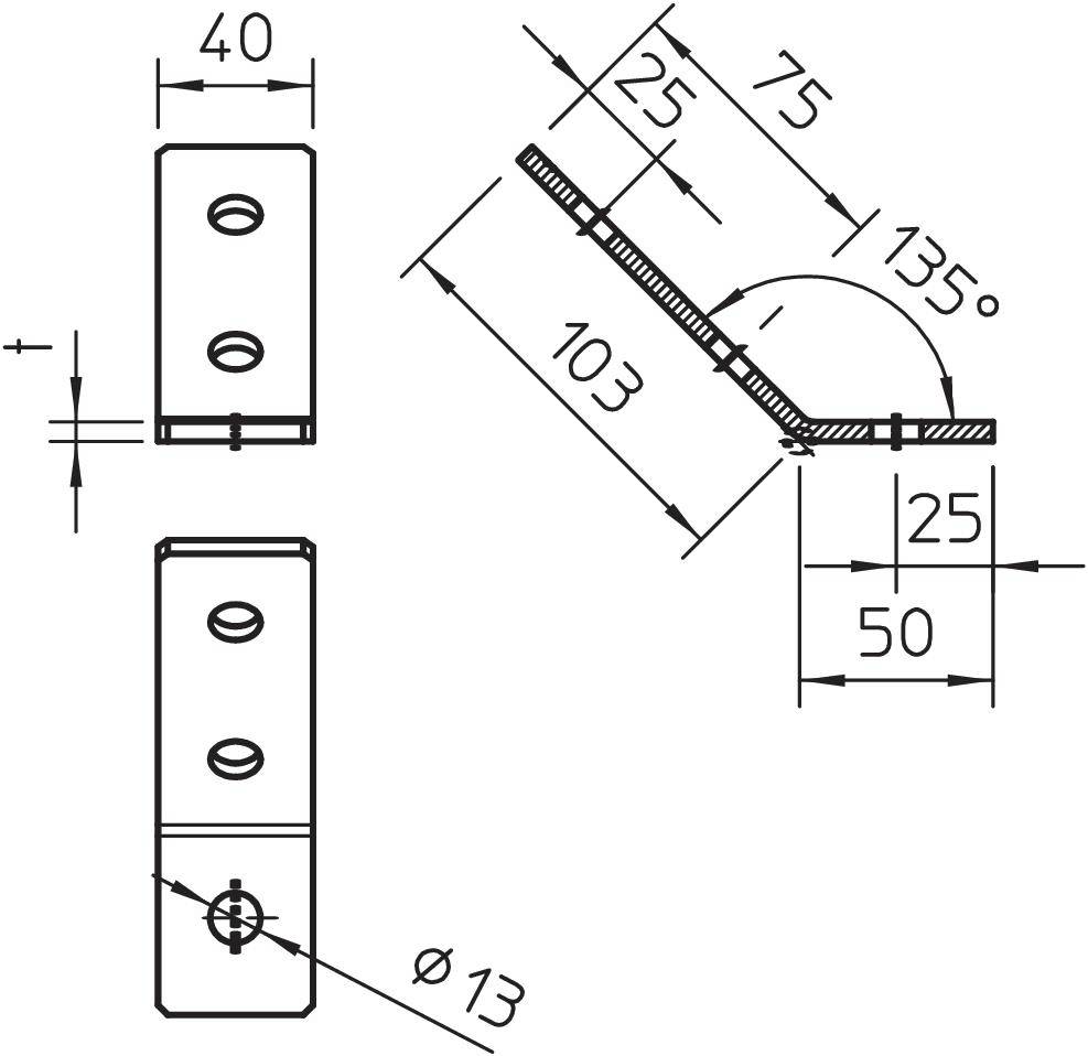 Technische tekening van een hoekverbinder met afmetingen en hoeken. Bevat breedte, gataansluiting en 135-graden buiging.