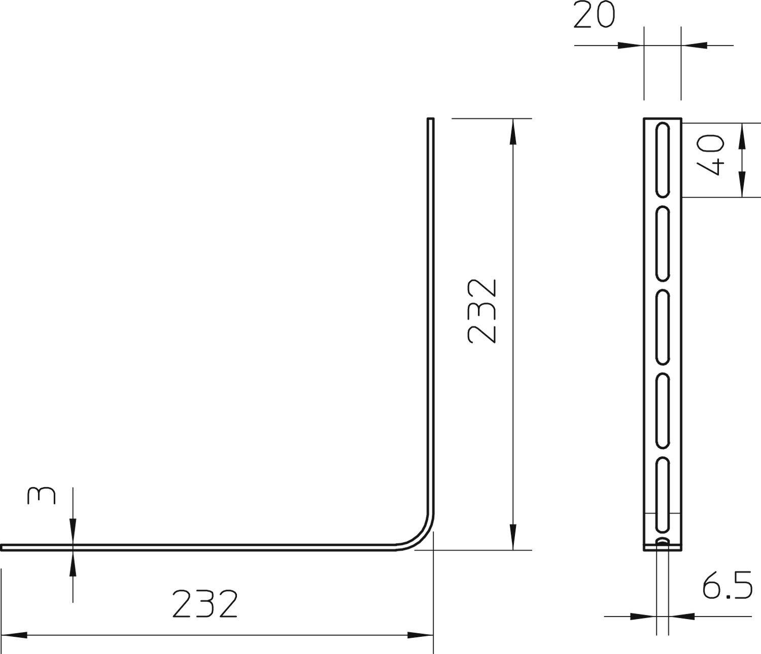 Technische tekening van een L-vormig metalen profiel. Afmetingen: 232 x 232 x 20 mm. Dikte: 6,5 mm. Zijaanzicht toont geperforeerd oppervlak.