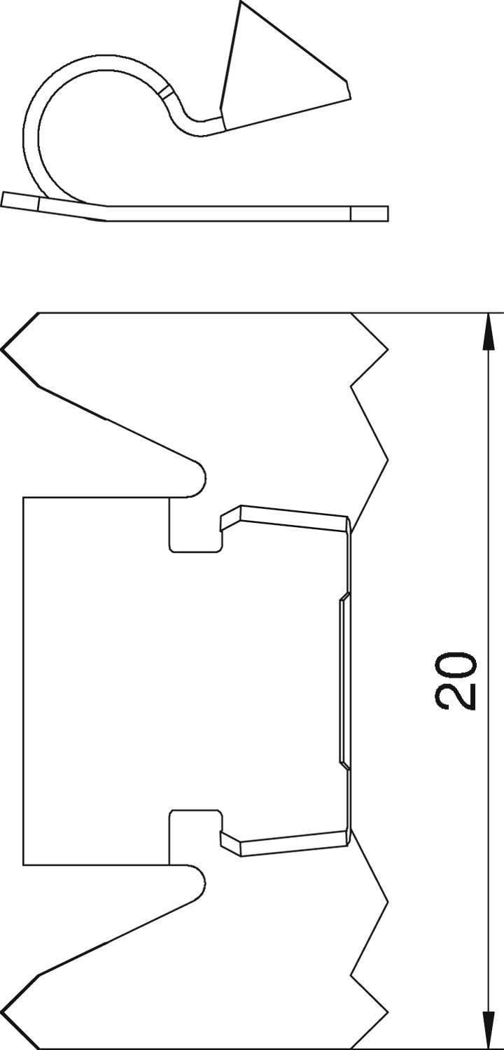 Technische tekening van een onderdeel met afmetingen en vormen; twee hoofdaanzichten: zijdelings en van bovenaf. Rand toont een lengte van 20 mm.