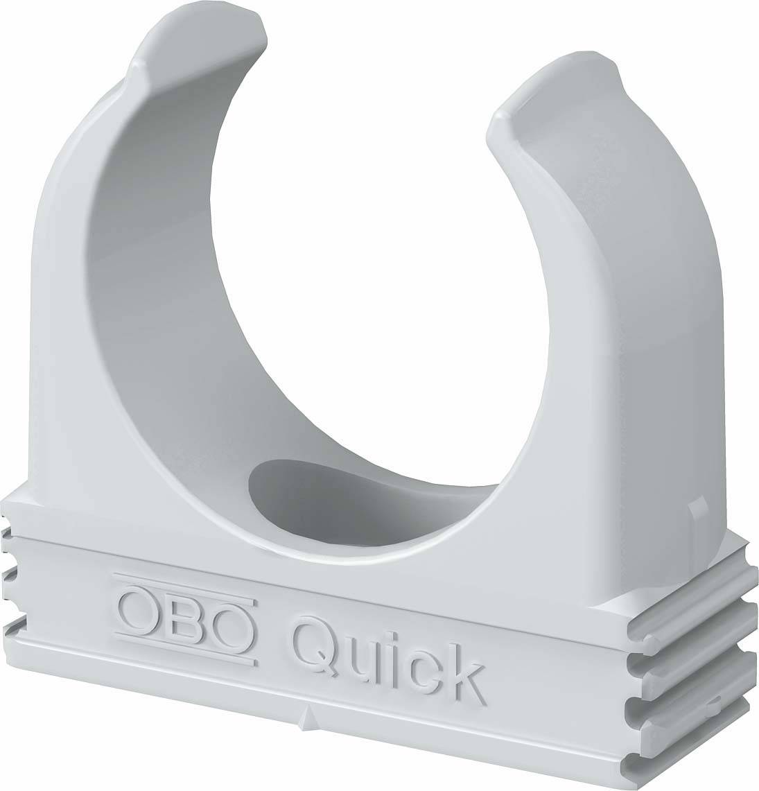 Een grijze kunststof klem, gemarkeerd met 'OBO Quick', voor het bevestigen van buizen of kabels in bouwinstallaties.