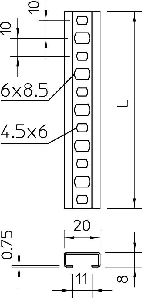 Technische tekening van een U-profiel van metaal met afmetingen: 6x8,5 mm gaten, 4,5x6 mm openingen. Totale breedte 20 mm, hoogte 11 mm.