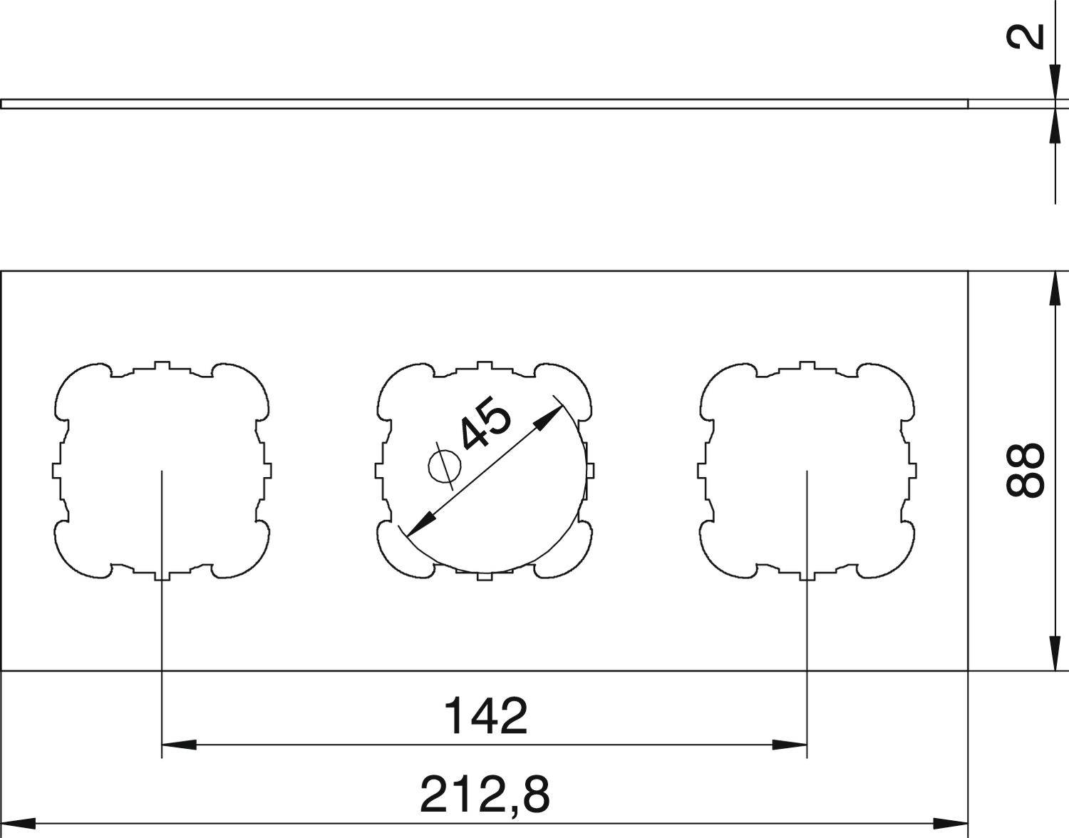 Technische tekening van een schakelaarpaneel met drie uitsneden. Afmetingen: breedte 212,8 mm, hoogte 88 mm. Afstand tussen de gaten 142 mm, diagonaal 45 mm.