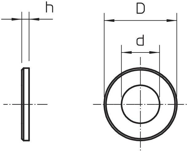 Technische tekening van een sluitring. Links zijaanzicht met hoogte 'h', rechts bovenaanzicht met buitendiameter 'D' en binnendiameter 'd'.