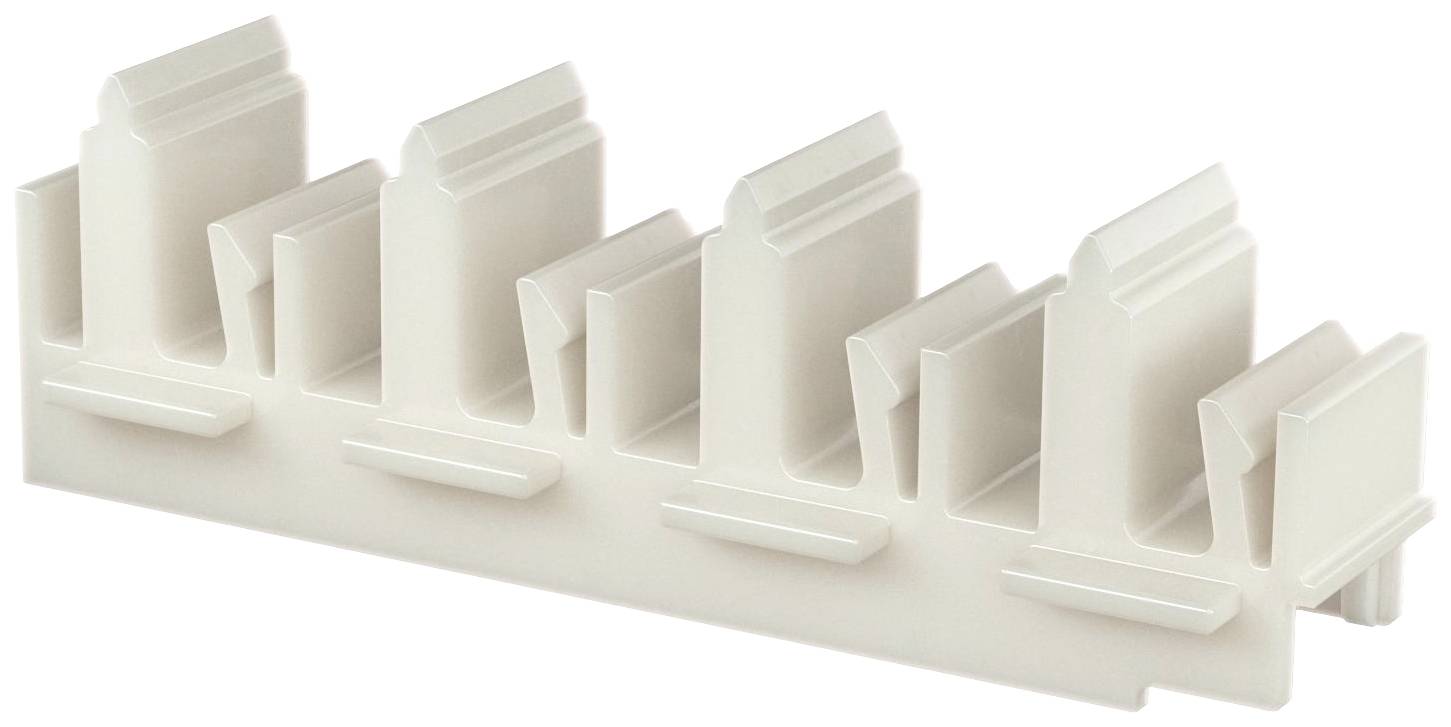 Een witte kunststof kabelgoot met meerdere sleuven voor kabelorganisatie. Hij heeft een rechthoekige vorm en wordt gebruikt voor het bevestigen van kabels aan muren of andere oppervlakken.