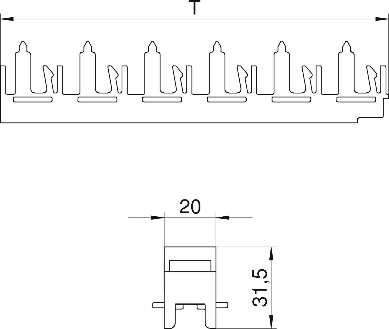Een technische tekening toont een profiel met gelijkmatige verhogingen. Onderaan is een grotere weergave met de afmetingen 20 mm en 31,5 mm.